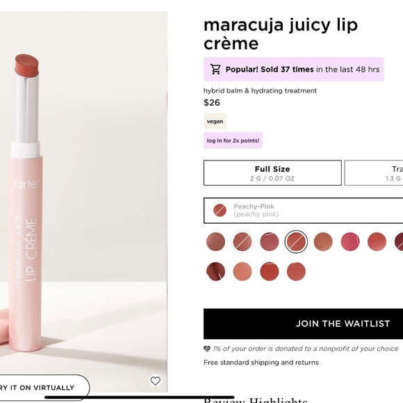 New Tarte Maracuja juicy lip crème SOLD OUT COLOR Peachy Pink - Picture 2 of 8
